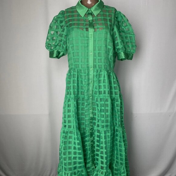 English Factory Women’s Gridded Organza Tiered Button-Up Maxi Dress Green Size M - Picture 1 of 11